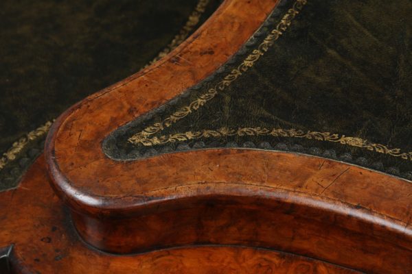 Antique Victorian English Burr Walnut Kidney Shaped Leather Desk (Circa 1860)