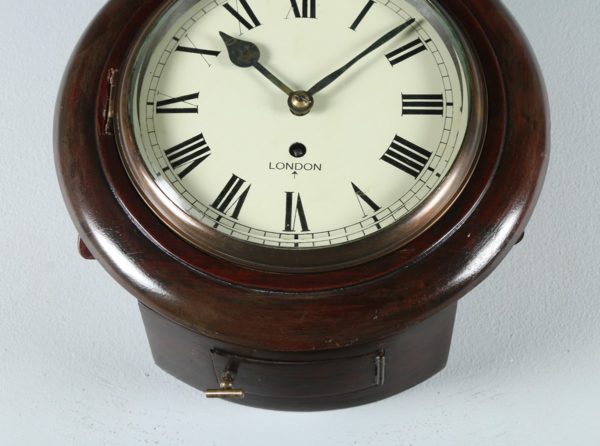 English Victorian 11" Mahogany London Fusee Round Dial Wall Clock Time Piece (Circa 1890)