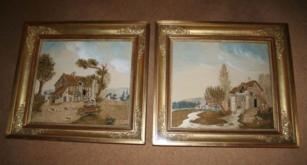 Antique Pair of Macclesfield Regency Watercolour Embroidery Silk Paintings (c. 1820)