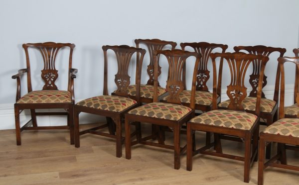Antique Set of 12 Georgian Chippendale Style Mahogany Upholstered Dining Chairs
