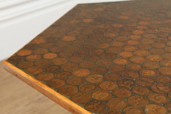 Vintage Hexagonal Oak Copper Penny Coffee Table (Circa 1970)