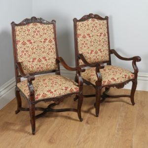 Pair of French Walnut Fauteuil Upholstered Tapestry Open Armchairs (Circa 1840)