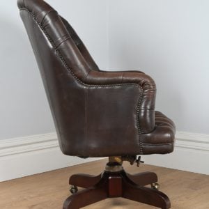 Antique Mahogany Georgian Style Brown Leather Bucket Office Armchair (Circa Mid 20th Century)