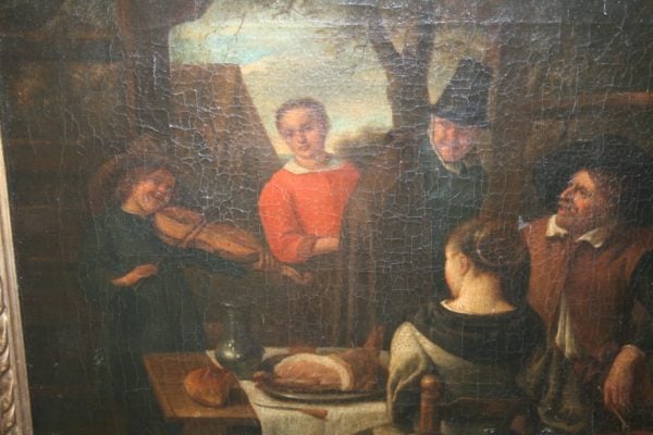 Antique Dutch Tavern Scene Oil Painting (19th Century)
