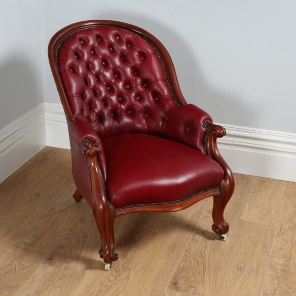 Antique Victorian Mahogany Gentlemen’s Red Leather Armchair (Circa 1860)