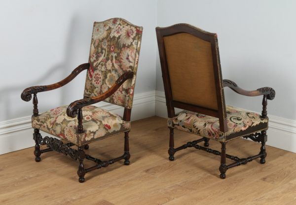 Antique Pair of French Walnut Fauteuil Upholstered Carved Open Armchairs (Circa 1850)