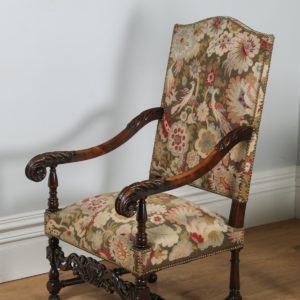 Antique Pair of French Walnut Fauteuil Upholstered Carved Open Armchairs (Circa 1850)
