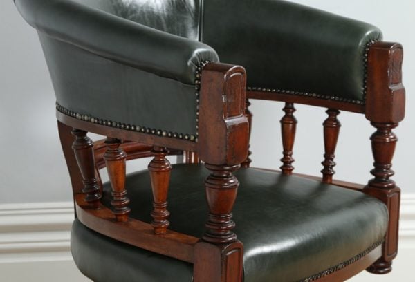 Antique Victorian Mahogany Revolving Green Leather Desk Chair (Circa 1880)