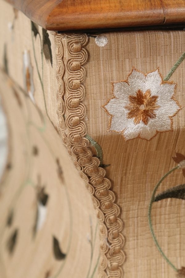Antique English William IV Burr Walnut Silk Embroidered Concave Ottoman (Circa 1835)