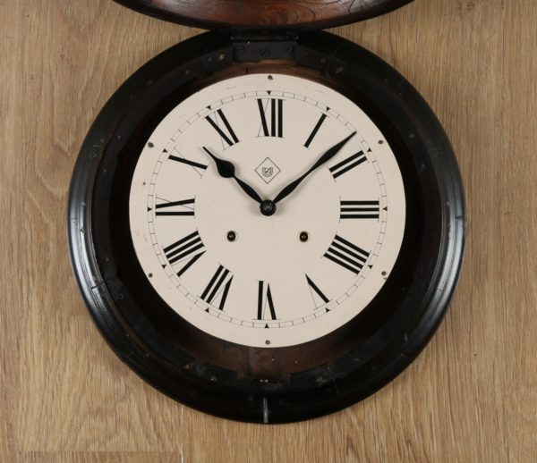Large Antique 19" Mahogany Railway Station / School Round Dial Wall Clock (Chiming / Striker) - yolagray.com
