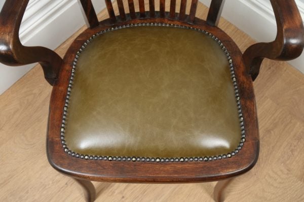 Antique Edwardian Beech & Green Leather Office Desk Chair (Circa 1910) - yolagray.com
