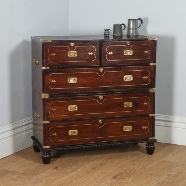 Colonial Style Anglo Indian Rosewood & Brass Military Officer’s Campaign Chest of Drawers (Circa 1970) - yolagray.com