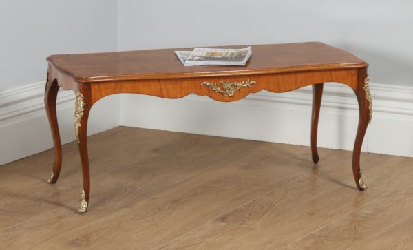 Antique French Louis XVI Style Burr Walnut Marquetry Inlaid Brass Coffee Table (Circa 1920) - yolagray.com
