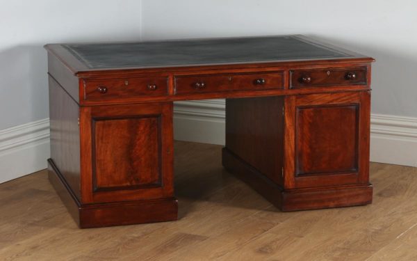 Antique English Victorian Mahogany & Leather Partners Pedestal Desk (Circa 1850) - yolagray.com