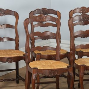 Antique Set of 12 French Louis XV Style Oak & Rush Seat Ladder Back Dining Chairs (Circa 1910) - yolagray.com