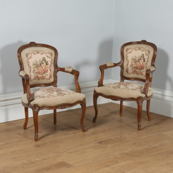 Antique Pair of French Louis XV Style Walnut & Tapestry Salon Open Armchairs (Circa 1920)- yolagray.com