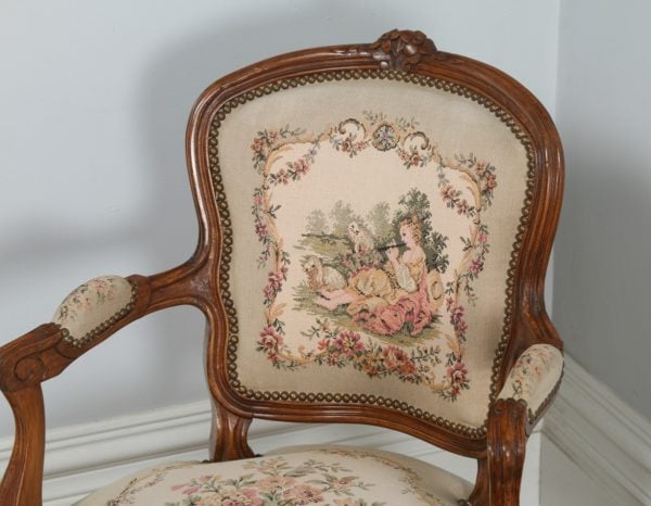 Antique Pair of French Louis XV Style Walnut & Tapestry Salon Open Armchairs (Circa 1920)- yolagray.com