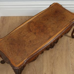 Antique English Queen Style Carved Burr Walnut & Glass Rectangular Coffee Table (Circa 1920)- yolagray.com