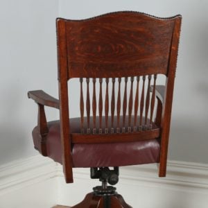 Antique English Edwardian Oak & Red Leather Revolving Office Desk Armchair (Circa 1910)- yolagray.com