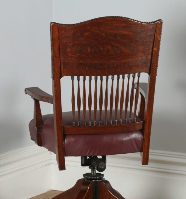 Antique English Edwardian Oak & Red Leather Revolving Office Desk Armchair (Circa 1910)- yolagray.com