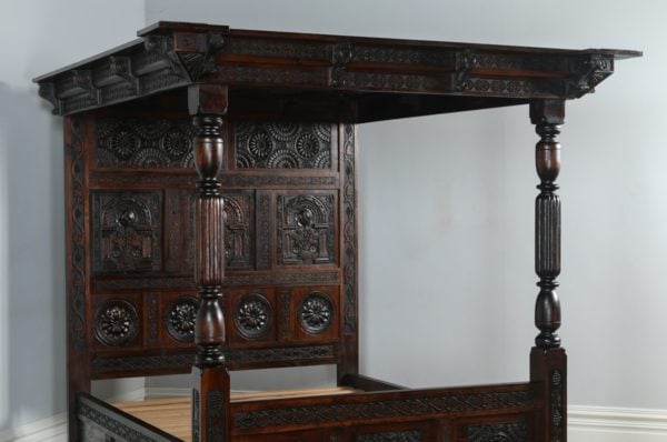 Tudor Style Carved King Size Oak Full Tester Four Poster Bed (5ft Wide) - yolagray.com