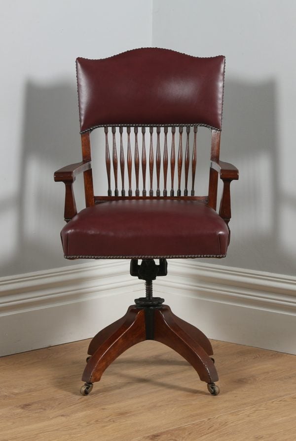 Antique English Edwardian Oak & Red Leather Revolving Office Desk Armchair (Circa 1910) - yolagray.com