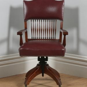 Antique English Edwardian Oak & Red Leather Revolving Office Desk Armchair (Circa 1910) - yolagray.com