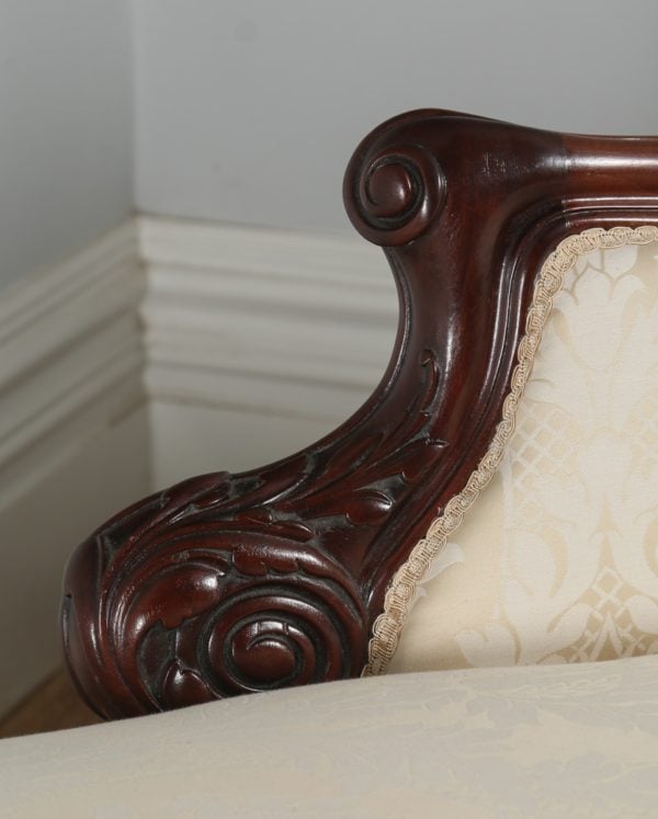 Antique English Victorian Mahogany Upholstered Floral Cream & Pale Gold Chaise Longue (Circa 1860)- yolagray.com