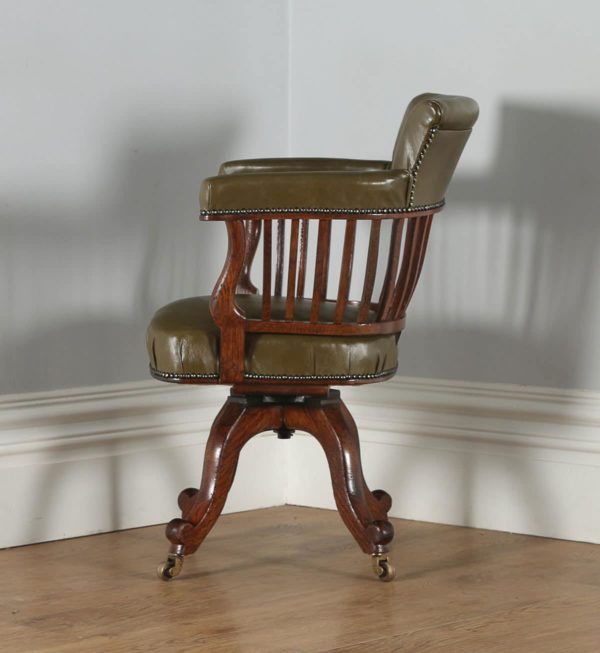 Antique English Victorian Mahogany & Green Leather Revolving Captains Office Armchair (Circa 1870)- yolagray.com