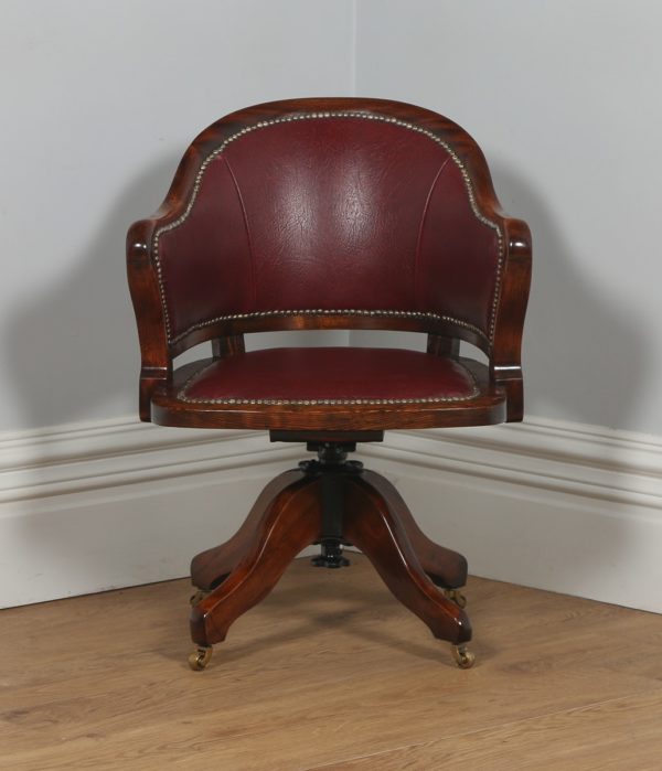 Antique English Edwardian Mahogany & Red Leather Revolving Office Desk Armchair (Circa 1910) - yolagray.com