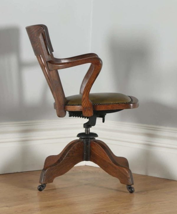 Antique English Edwardian Oak Revolving Office Desk Arm Chair Circa (1910)- yolagray.com