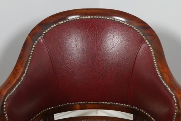 Antique English Edwardian Mahogany & Red Leather Revolving Office Desk Armchair (Circa 1910)- yolagray.com