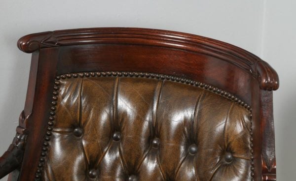 Vintage Regency Style Mahogany & Brown Leather Library Arm Chair (Circa 1970) - yolagray.com