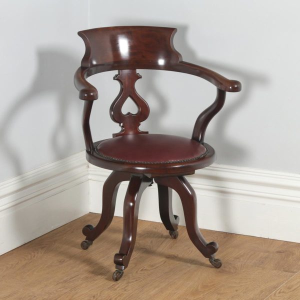 Antique English Victorian Mahogany & Burgundy Red Leather Revolving Office Desk Arm Chair (Circa 1870)- yolagray.com
