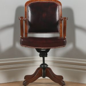 Antique English Edwardian Oak and Burgundy Red Leather Revolving Office Desk Arm Chair (Circa 1920)- yolagray.com