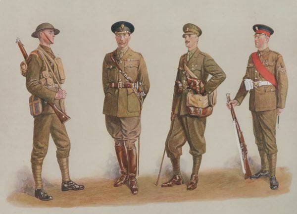 Antique English Watercolour Print of Four Soldiers, by Artist with Initials ‘DM’ (Circa 1925) - yolagray.com