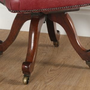 Antique English Victorian Mahogany & Crimson Red Leather Revolving Captains Office Armchair (Circa 1870)- yolagray.com