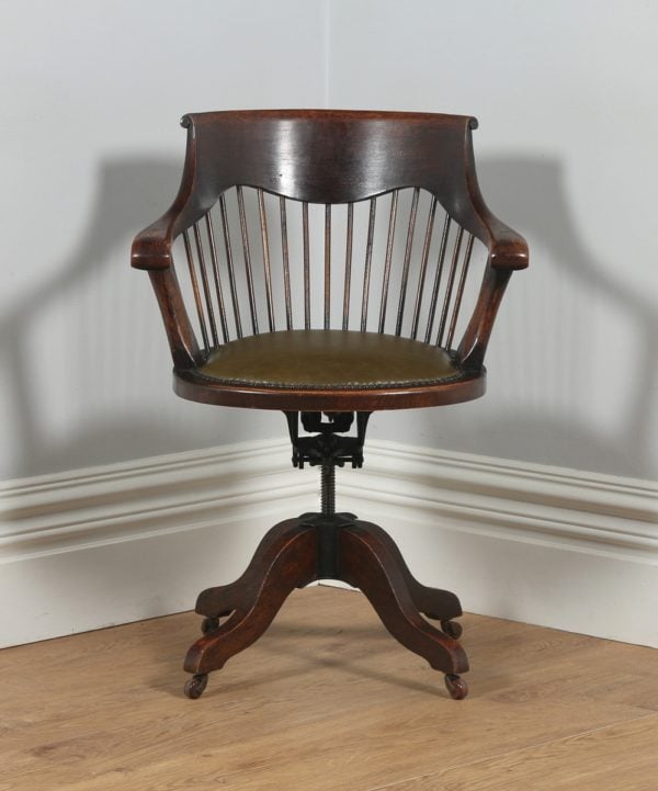 Antique English Victorian Oak Revolving Office Desk Green Leather Arm Chair (Circa 1880) -yolagray.com