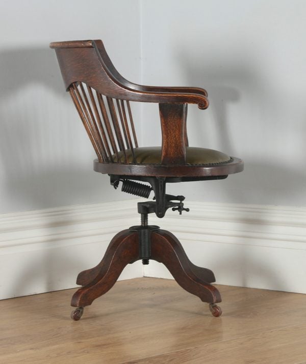 Antique English Victorian Oak Revolving Office Desk Green Leather Arm Chair (Circa 1880) -yolagray.com