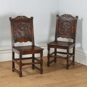 Antique English Pair of 17th Century Style Oak Wainscot Hall / Side Chairs (Circa 1920)- yolagray.com