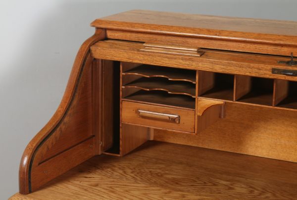 Antique English Edwardian 4ft Oak Roll Top Pedestal Desk (Circa 1910) - yolagray.com