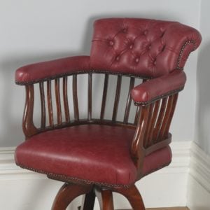Antique English Victorian Mahogany & Crimson Red Leather Revolving Captains Office Armchair (Circa 1870)- yolagray.com