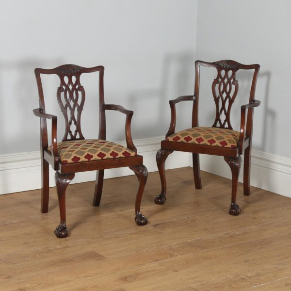 Antique English Pair of Georgian Chippendale Style Mahogany Library Office Desk Armchairs (Circa 1900)