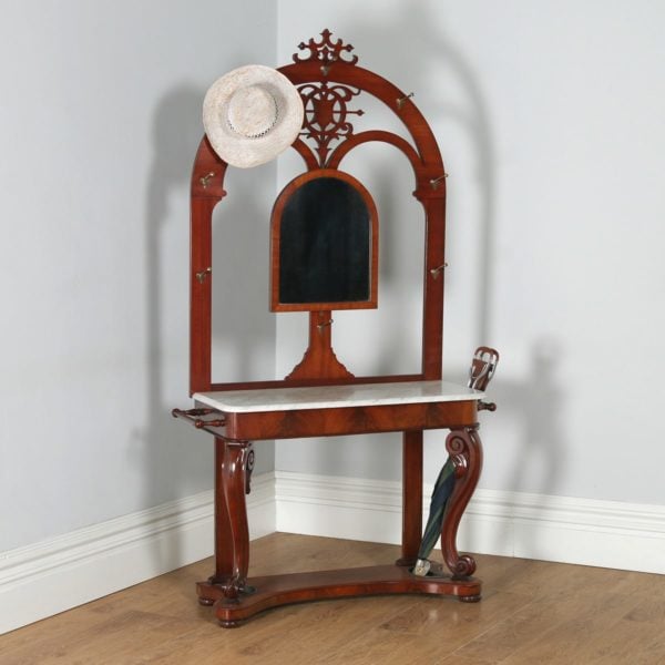 Antique English Victorian Mahogany & Marble Coat, Hat, Stick & Umbrella Hallstand With Mirror (Circa 1870)- yolagray.com