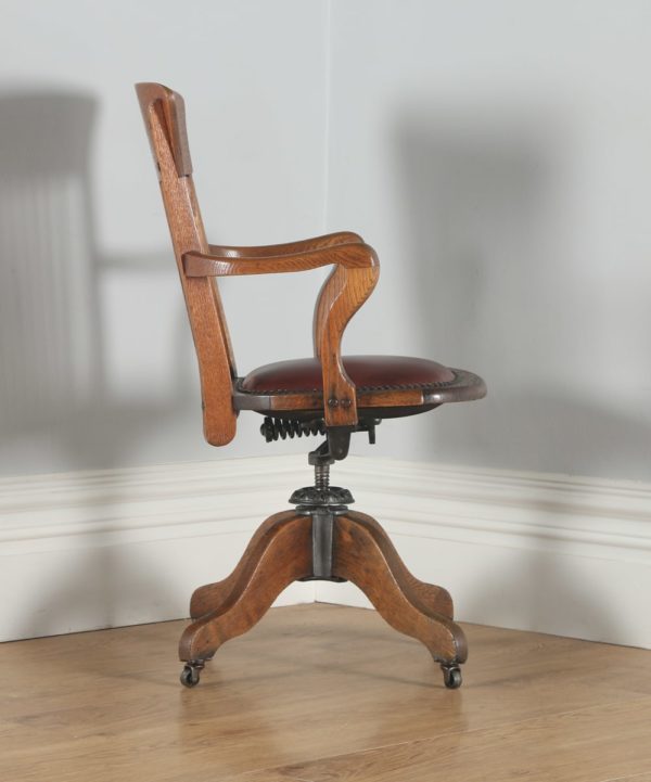 Antique English Edwardian Oak & Leather Revolving Office Desk Arm Chair (Circa 1910)- yolagray.com
