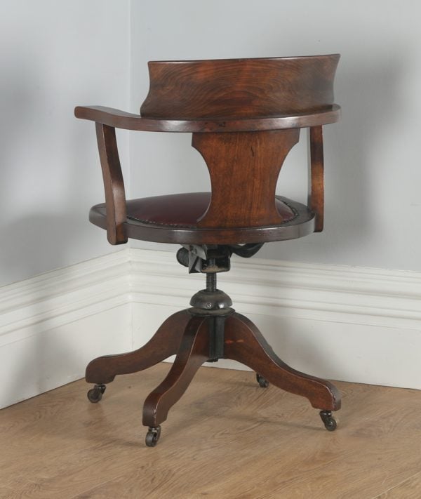 Antique English Edwardian Mahogany & Burgundy Red Leather Revolving Office Desk Arm Chair (Circa 1920)- yolagray.com