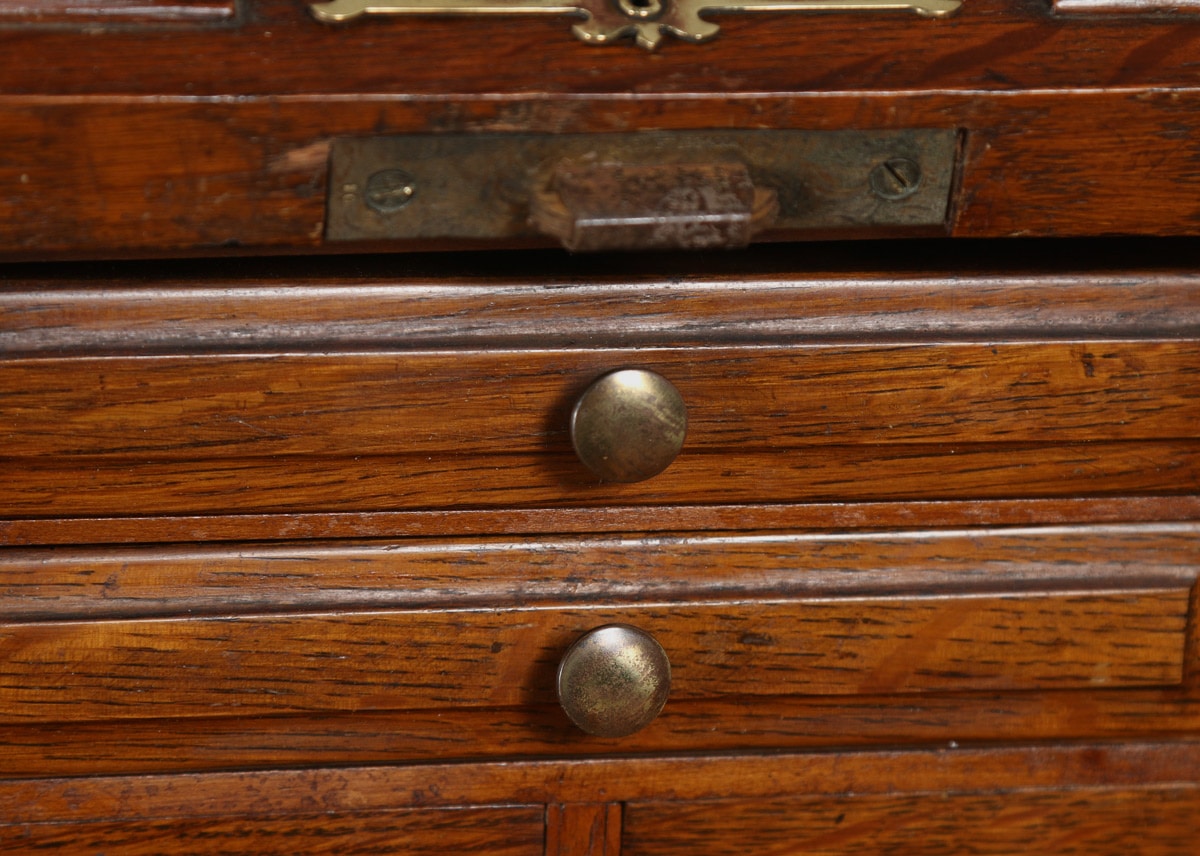 Antique English Edwardian Oak Angus Roll Top Pedestal Office Desk