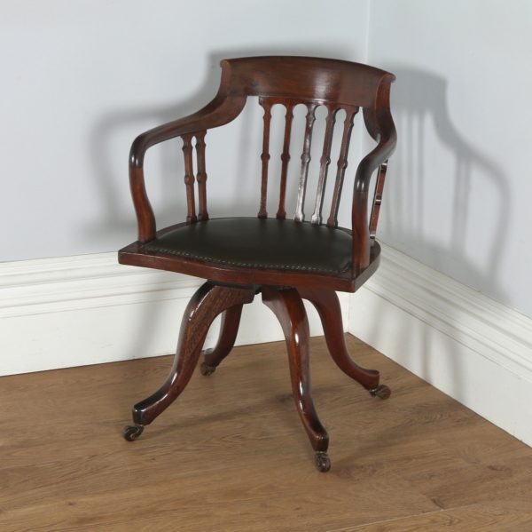Antique English Victorian Mahogany & Leather Revolving Office Chair by James Shoolbred & Co. (Circa 1880) - yolagray.com