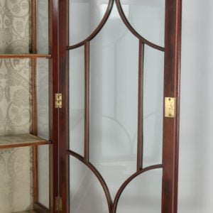 Antique Georgian Sheraton Style Marquetry Inlaid Satinwood & Mahogany Serpentine Glass Display Cabinet Attributable to Edwards & Roberts (Circa 1890) - yolagray.com