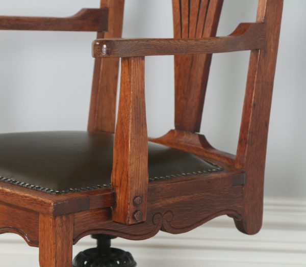 Antique English Edwardian Art Nouveau Oak & Leather Revolving Office Desk Arm Chair (Circa 1910)- yolagray.com